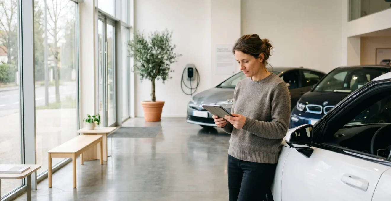 Femme consultant des spécifications de véhicule électrique sur tablette dans un showroom automobile moderne avec lumière naturelle, véhicules hybrides et électriques visibles en arrière-plan