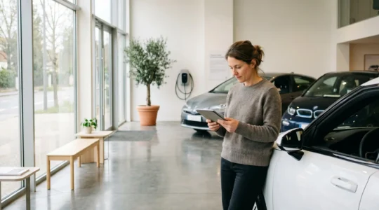 Femme consultant des spécifications de véhicule électrique sur tablette dans un showroom automobile moderne avec lumière naturelle, véhicules hybrides et électriques visibles en arrière-plan