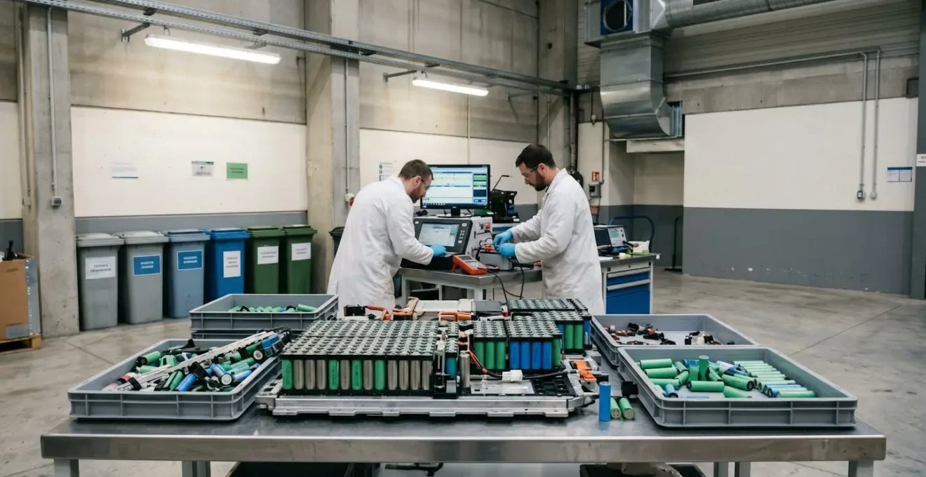 Module de batterie lithium-ion automobile démonté sur table de travail en acier inoxydable dans une installation de recyclage industrielle, techniciens en blouses blanches travaillant en arrière-plan avec équipements de diagnostic