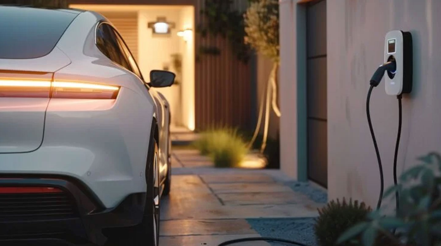 Femme branchant un câble de recharge sur son véhicule électrique dans un garage résidentiel moderne avec wallbox murale, lumière naturelle douce, geste quotidien routinier