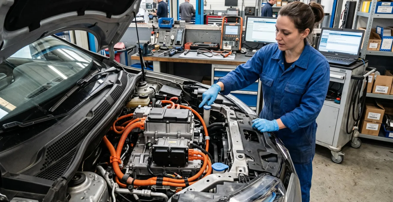 Vue détaillée d'un compartiment moteur électrique ouvert dans un atelier automobile moderne, montrant la simplicité de la motorisation avec batterie lithium-ion et câbles orange, technicien en bleu de travail expliquant le fonctionnement